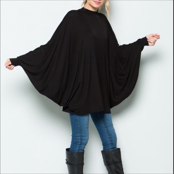 Poncho Style Tunic Top black and burgundy - Picture 2 of 4